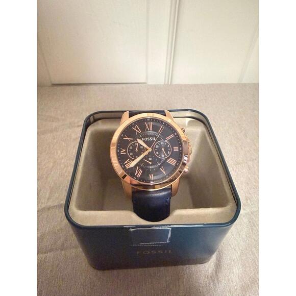 Fossil FS4835 Chronograph Men’s Watch Rose Gold Case with Blue Leather Strap - Picture 1 of 7